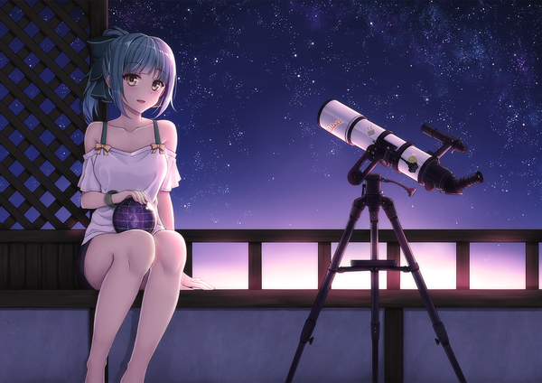 Anime picture 1500x1060 with kantai collection yuubari light cruiser terras single long hair looking at viewer blush fringe open mouth smile sitting bare shoulders yellow eyes blue hair bent knee (knees) ponytail night bare legs night sky constellation
