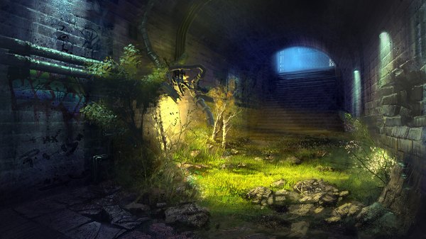 Anime picture 1200x675 with the secret world (game) wide image sunlight no people scenic brick wall plant (plants) tree (trees) grass stain