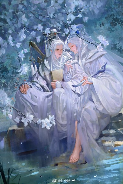 Anime picture 806x1200 with original hong xiaoshi long hair tall image smile sitting holding yellow eyes white hair eyes closed traditional clothes barefoot night multiple boys cherry blossoms turning head holding hands nature laughing boy