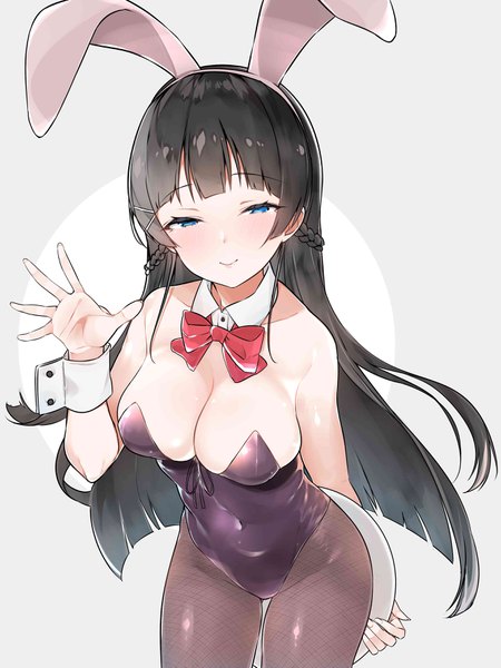 Anime picture 2654x3541 with virtual youtuber nijisanji tsukino mito mitsudoue single long hair tall image looking at viewer blush fringe highres breasts blue eyes light erotic black hair smile large breasts animal ears cleavage grey background