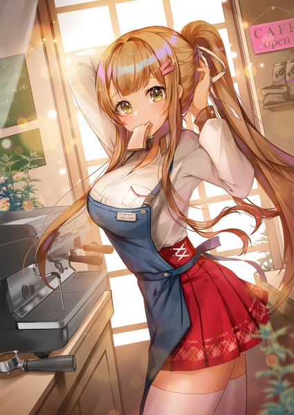 Anime picture 1500x2118 with original apple caramel single long hair tall image looking at viewer blush breasts blonde hair standing holding yellow eyes ponytail indoors long sleeves pleated skirt sunlight arms up dutch angle floating hair