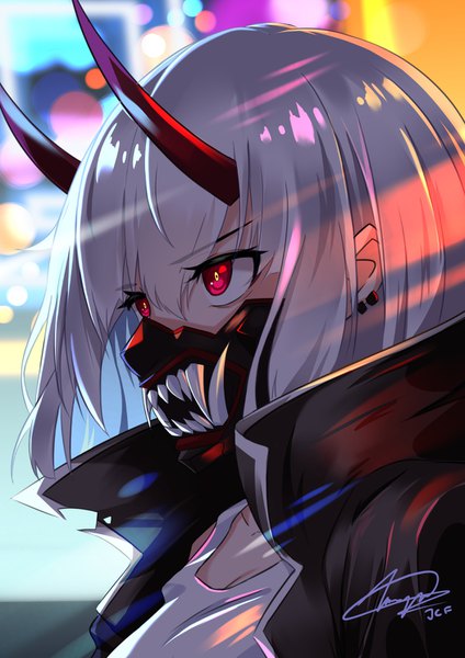 Anime picture 1052x1488 with original jcf single tall image fringe short hair hair between eyes red eyes signed looking away upper body white hair horn (horns) piercing ear piercing oni horns popped collar girl