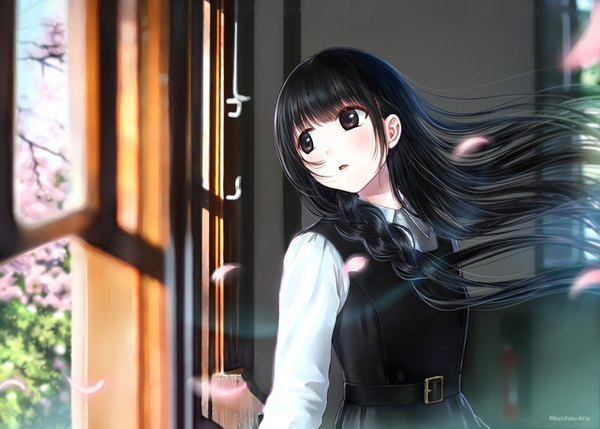 Anime picture 1280x917 with original kazuharu kina single long hair blush fringe black hair brown eyes looking away upper body indoors blunt bangs braid (braids) parted lips wind cherry blossoms single braid watermark spring girl