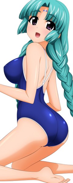 Anime picture 1444x3599 with lost universe canal volphied wave ride single long hair tall image looking at viewer blush breasts open mouth light erotic large breasts white background purple eyes bare shoulders braid (braids) aqua hair girl swimsuit one-piece swimsuit
