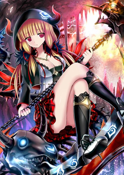 Anime picture 849x1200 with original givuchoko single long hair tall image looking at viewer blonde hair red eyes sitting holding plaid skirt crossed arms skeleton girl skirt weapon miniskirt shoes hood necklace