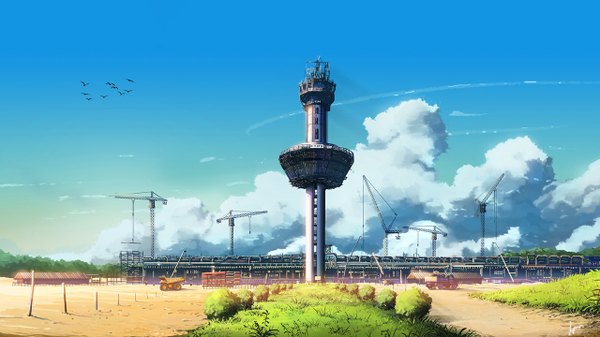 Anime picture 1280x720 with original niko p wide image sky cloud (clouds) wallpaper no people animal bird (birds) building (buildings) bushes crane truck dump truck