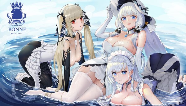 Anime picture 2000x1140 with azur lane formidable (azur lane) belfast (azur lane) illustrious (azur lane) genera-x long hair looking at viewer blush fringe highres breasts open mouth blue eyes light erotic smile red eyes wide image large breasts sitting twintails