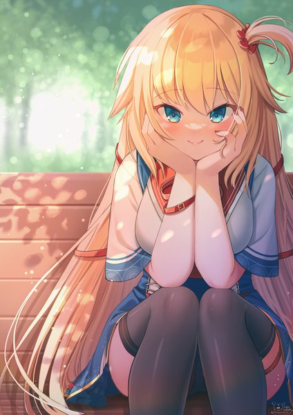 Anime picture 1415x2000 with virtual youtuber hololive akai haato akai haato (1st costume) magowasabi single long hair tall image looking at viewer blush fringe breasts blue eyes blonde hair large breasts sitting signed outdoors nail polish short sleeves
