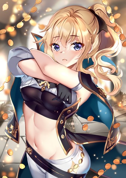 Anime picture 884x1250 with genshin impact jean gunnhildr squchan single long hair tall image looking at viewer blush fringe breasts blue eyes light erotic blonde hair hair between eyes standing signed payot ponytail blurry depth of field
