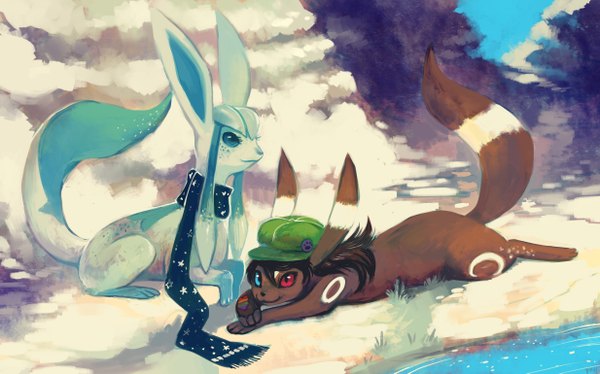 Anime picture 2467x1538 with pokemon nintendo umbreon glaceon glitchedpuppet highres wide image lying profile aqua eyes heterochromia no people gen 2 pokemon gen 4 pokemon water scarf flat cap pokemon (creature)