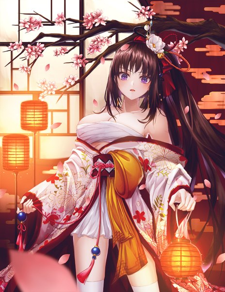 Anime picture 774x1000 with original minari (lmina09) single long hair tall image looking at viewer blush fringe breasts open mouth light erotic brown hair large breasts standing purple eyes bare shoulders holding payot cleavage ponytail