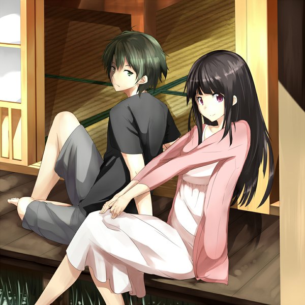 Anime picture 1000x1000 with hyouka kyoto animation chitanda eru oreki houtarou tamakaga long hair short hair black hair sitting purple eyes multiple girls green eyes couple girl dress 2 girls shorts