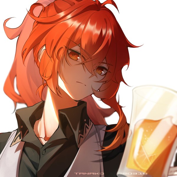 Anime picture 1600x1600 with genshin impact diluc ragnvindr tanako (645316096) single long hair looking at viewer fringe simple background hair between eyes red eyes white background signed upper body ponytail red hair head tilt dated boy alcohol mug