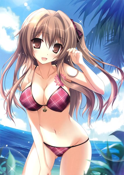 Anime picture 2707x3800 with original aomi maika karory single long hair tall image looking at viewer blush fringe highres breasts open mouth light erotic brown hair large breasts brown eyes sky cloud (clouds) :d beach