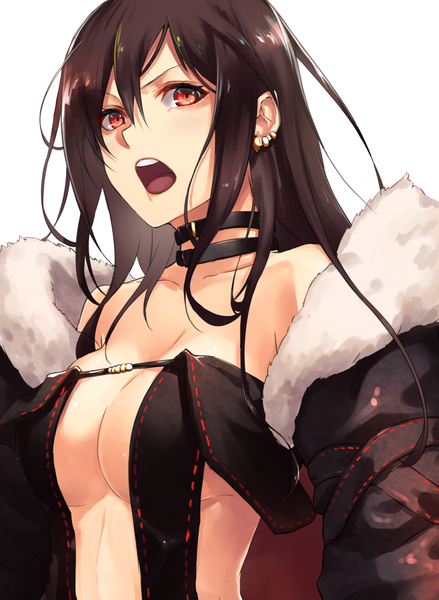 Anime picture 731x1000 with fate (series) fate/grand order yu mei-ren (fate) shimozuki shio single long hair tall image looking at viewer fringe breasts open mouth light erotic simple background hair between eyes red eyes brown hair large breasts white background payot upper body