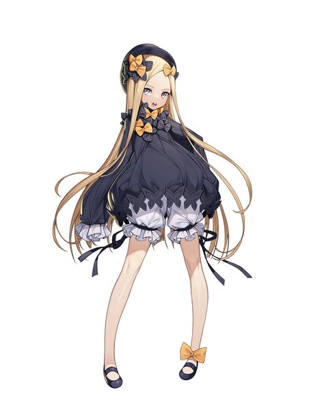 Anime picture 1200x1582 with fate (series) fate/grand order abigail williams (fate) mokew single long hair tall image looking at viewer open mouth blue eyes simple background blonde hair white background full body long sleeves :o girl dress bow hair bow