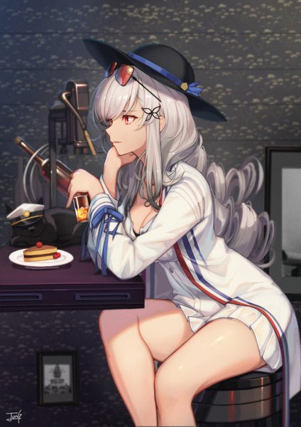 Anime picture 2480x3508 with azur lane dunkerque (azur lane) dunkerque (afternoon venus) (azur lane) baek hyang single long hair tall image fringe highres breasts red eyes sitting holding signed looking away cleavage indoors profile grey hair sunglasses on head