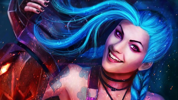 Anime picture 1920x1080 with league of legends jinx (league of legends) magicnaanavi single long hair highres open mouth smile wide image signed blue hair braid (braids) nail polish pink eyes realistic tattoo close-up black nail polish makeup girl