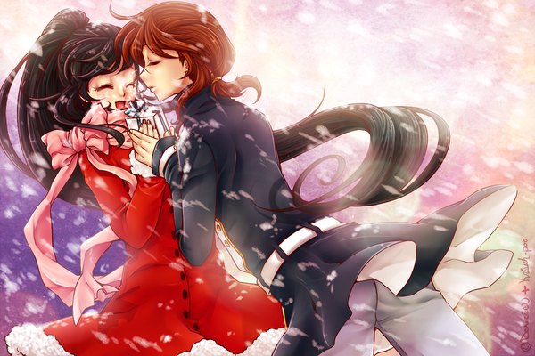 Anime picture 1200x800 with original denise (artist) long hair open mouth black hair ponytail red hair eyes closed wind couple snowing winter girl bow gift snowflake (snowflakes)