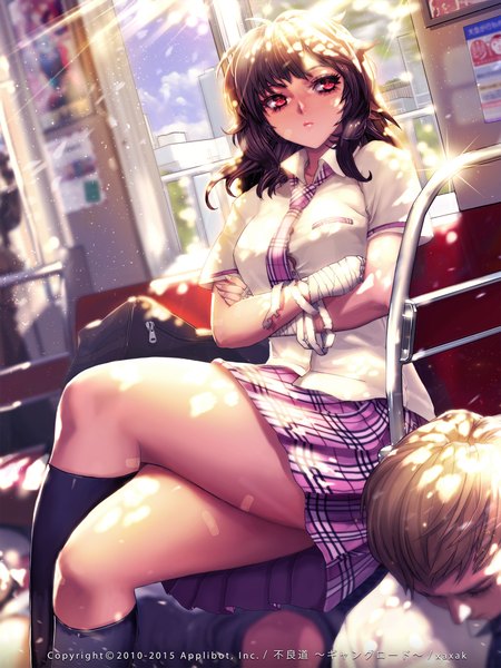 Anime picture 1600x2133 with furyou michi ~gang road~ xaxak long hair tall image black hair red eyes sitting crossed legs train interior girl boy skirt uniform school uniform shirt socks black socks bandage (bandages) school bag bandaid