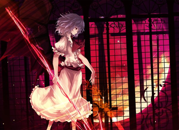 Anime picture 1902x1378 with touhou remilia scarlet asagi shii single fringe highres short hair red eyes holding purple hair indoors profile light smile puffy sleeves magic bat wings red moon girl dress skirt