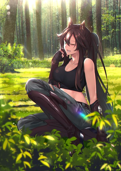 Anime picture 2480x3507 with arknights meteor (arknights) shijie jianfa single long hair tall image looking at viewer blush fringe highres breasts open mouth smile hair between eyes brown hair sitting animal ears payot outdoors ponytail