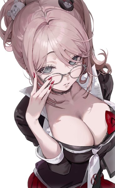 Anime-Bild 2513x4096 mit dangan ronpa enoshima junko freng single long hair tall image looking at viewer fringe highres breasts light erotic simple background large breasts standing white background pink hair cleavage long sleeves nail polish parted lips