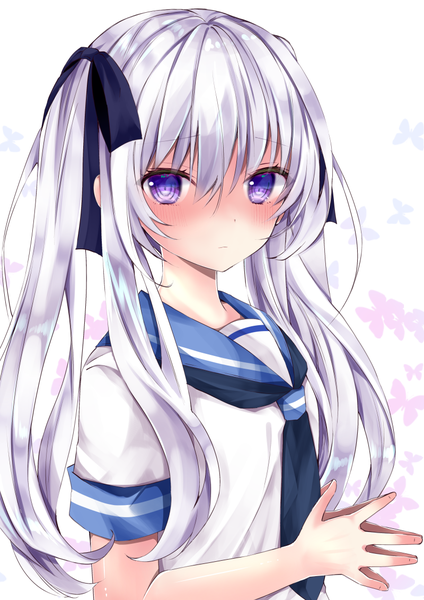 Anime picture 800x1131 with original nanase nao single long hair tall image looking at viewer blush fringe simple background hair between eyes white background purple eyes twintails payot silver hair upper body embarrassed fingers together girl uniform