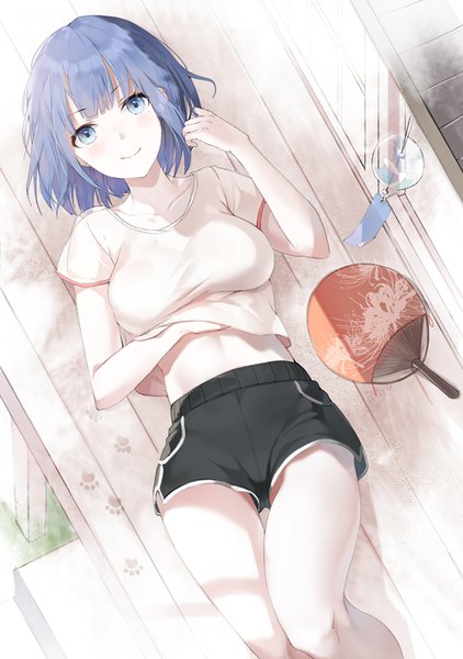 Anime picture 650x923 with original emyo single tall image looking at viewer blush fringe short hair breasts blue eyes smile blue hair lying from above mole short sleeves on back mole under eye paw print playing with hair