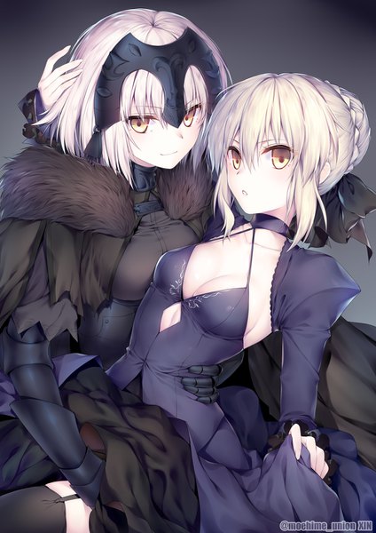 Anime picture 1000x1414 with fate (series) fate/grand order fate/stay night fate/apocrypha artoria pendragon (all) jeanne d'arc (fate) (all) jeanne d'arc alter (fate) saber alter obiwan tall image looking at viewer blush fringe short hair breasts light erotic simple background smile hair between eyes large breasts