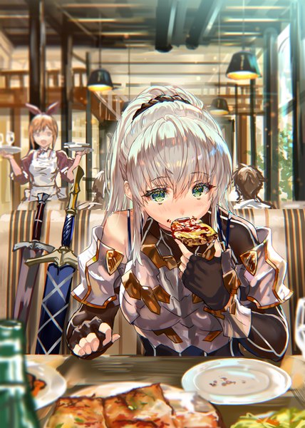 Anime picture 1141x1600 with original ranou long hair tall image looking at viewer blush fringe hair between eyes holding green eyes payot silver hair ponytail indoors solo focus eating food on face girl gloves weapon