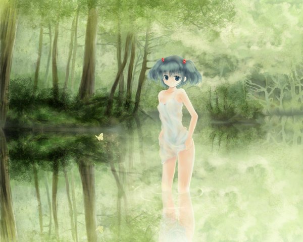 Anime picture 1600x1280 with touhou kawashiro nitori keiko220 highres open mouth blue eyes light erotic standing twintails short twintails landscape naked towel lake girl plant (plants) tree (trees) water insect butterfly towel