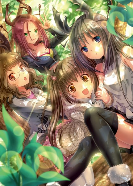 Anime picture 719x1000 with original akisaki rio long hair tall image blush short hair open mouth blue eyes black hair red eyes brown hair twintails multiple girls brown eyes pink hair horn (horns) girl thighhighs black thighhighs plant (plants)