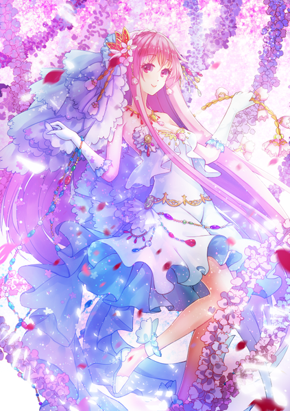 Anime picture 615x872 with original vetina single tall image looking at viewer blush smile red eyes pink hair very long hair girl dress gloves hair ornament flower (flowers) white gloves