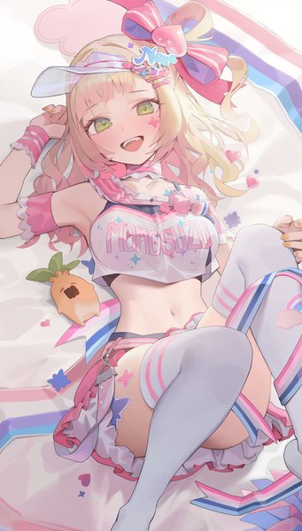 Anime picture 2129x3749 with virtual youtuber hololive momosuzu nene nekko (momosuzu nene) momosuzu nene (4th costume) lser116 single long hair tall image looking at viewer blush fringe highres breasts open mouth light erotic blonde hair smile green eyes lying