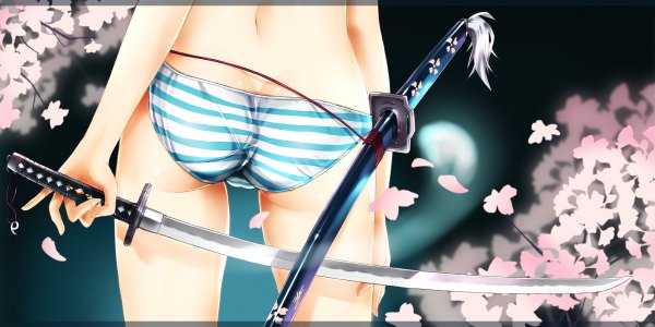 Anime picture 2400x1200 with touhou konpaku youmu eru4 single highres light erotic wide image ass from behind underwear only cherry blossoms head out of frame girl underwear panties weapon petals sword katana branch