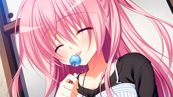 Anime picture 1280x720 with pure girl kanadome miyako nanaka mai long hair wide image pink hair game cg eyes closed girl dress lollipop