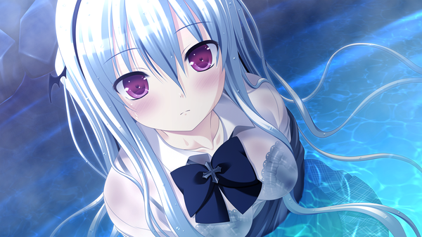 Anime picture 2560x1440 with shinigami no testament vivi alhazerd makita maki long hair blush highres red eyes wide image game cg silver hair girl bow water hairband
