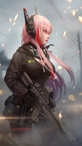 Anime picture 1393x2480 with girls frontline m4 sopmod ii (girls frontline) jay xu single long hair tall image fringe breasts hair between eyes red eyes large breasts standing holding signed payot looking away pink hair outdoors parted lips profile