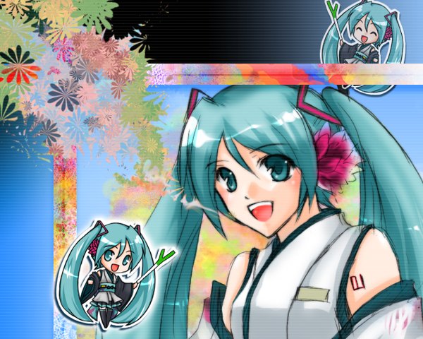 Anime picture 1280x1024 with vocaloid hatsune miku single long hair looking at viewer blush fringe open mouth twintails eyes closed japanese clothes hair flower green hair alternate costume happy chibi girl hair ornament flower (flowers) detached sleeves