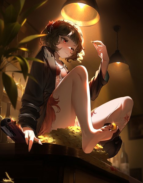 Anime picture 2728x3508 with reverse:1999 schneider (reverse:1999) joehi single tall image highres short hair light erotic red eyes brown hair sitting holding looking away full body bare legs from below light girl coin (coins)
