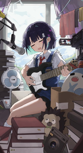 Anime picture 2081x3842 with virtual youtuber hololive hololive english bloop (gawr gura) nene (vtuber) sentter single tall image highres short hair open mouth sitting holding indoors eyes closed multicolored hair short sleeves light colored inner hair playing instrument