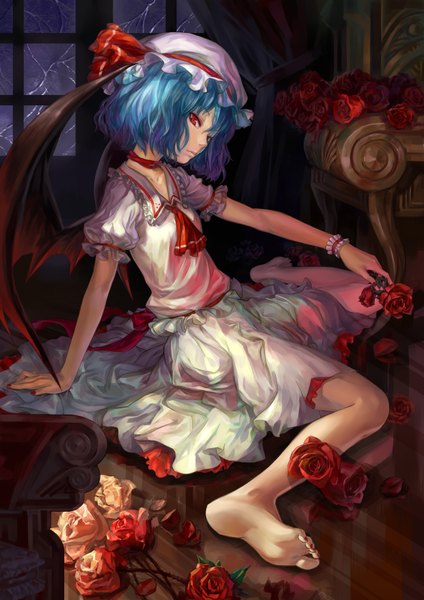 Anime picture 1240x1754 with touhou remilia scarlet l.green single tall image short hair red eyes sitting blue hair full body nail polish barefoot bare legs spread legs sleeveless red nail polish toenail polish girl dress flower (flowers)