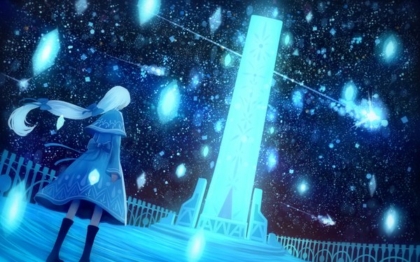 Anime picture 1152x720 with original bounin single long hair wide image sky white hair from behind night sky back light shooting star girl bow hair bow star (stars) stairs fence obelisk