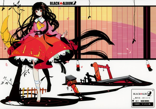 Anime picture 5732x4035 with touhou houraisan kaguya ideolo single looking at viewer highres black hair red eyes absurdres full body very long hair barefoot scan walking girl dress petals