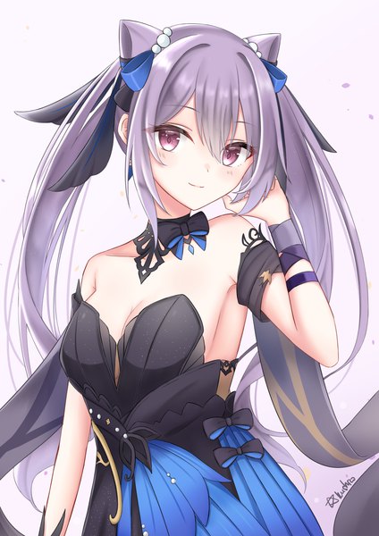 Anime-Bild 2026x2865 mit genshin impact keqing (genshin impact) keqing (opulent splendor) (genshin impact) kushiro147 single long hair tall image looking at viewer blush fringe highres breasts simple background hair between eyes large breasts standing purple eyes twintails signed cleavage