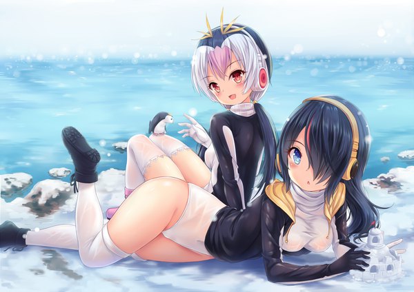 Anime picture 1637x1157 with kemono friends emperor penguin (kemono friends) royal penguin (kemono friends) shimokirin long hair looking at viewer blush fringe breasts open mouth blue eyes light erotic black hair hair between eyes red eyes large breasts sitting twintails multiple girls pink hair