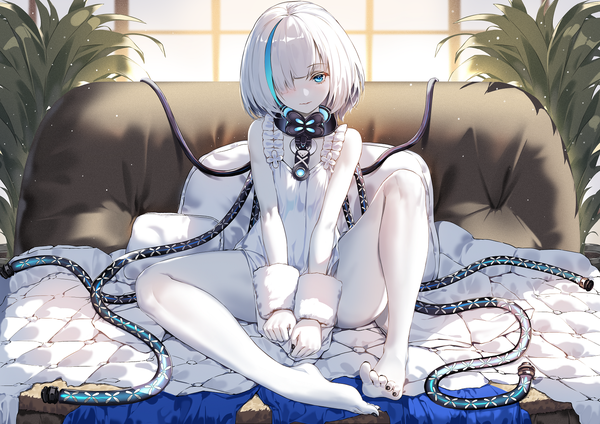 Anime picture 1527x1080 with azur lane tb (azur lane) 5555 96 single looking at viewer fringe short hair blue eyes light erotic sitting bare shoulders silver hair full body bent knee (knees) indoors nail polish multicolored hair barefoot hair over one eye two-tone hair