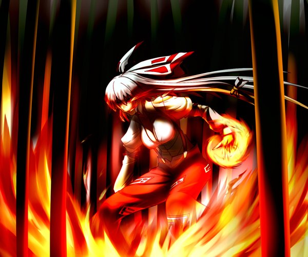 Аниме картинка 1800x1500 с touhou fujiwara no mokou высокое разрешение красные глаза белые волосы девушка бант огонь
