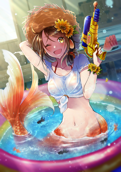 Anime picture 1447x2047 with original ichino tomizuki single long hair tall image looking at viewer blush fringe breasts open mouth light erotic smile brown hair holding yellow eyes outdoors one eye closed hair flower wink arms up